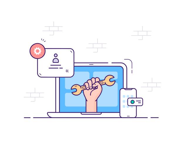 cartoonish depiction of a hand inside a laptop, holding a wrench.