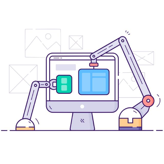 cartoonish depiction of some construction machines in working on a website, inside a computer screen