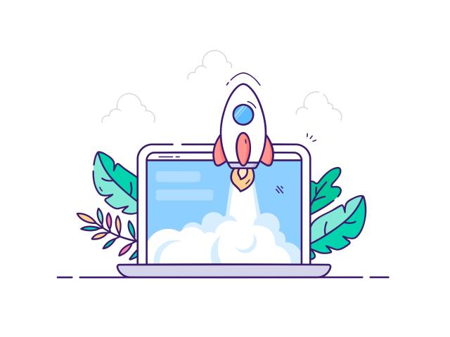cartoonish depiction of a rocket, launching from a laptop screen.